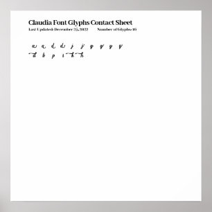 Claudia Font Glyphs Contact Sheet Poster