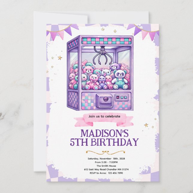 Claw machine arcade party invitation (Front)
