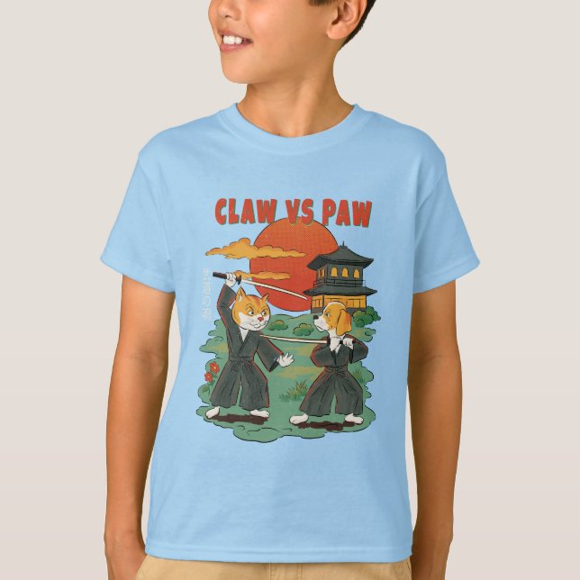 Claw vs Paw – Funny Samurai Cat and Dog T-Shirt (Front)