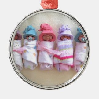 Clay Babies, Elf Hats, Sleeping, Swaddled, Cute Metal Tree Decoration