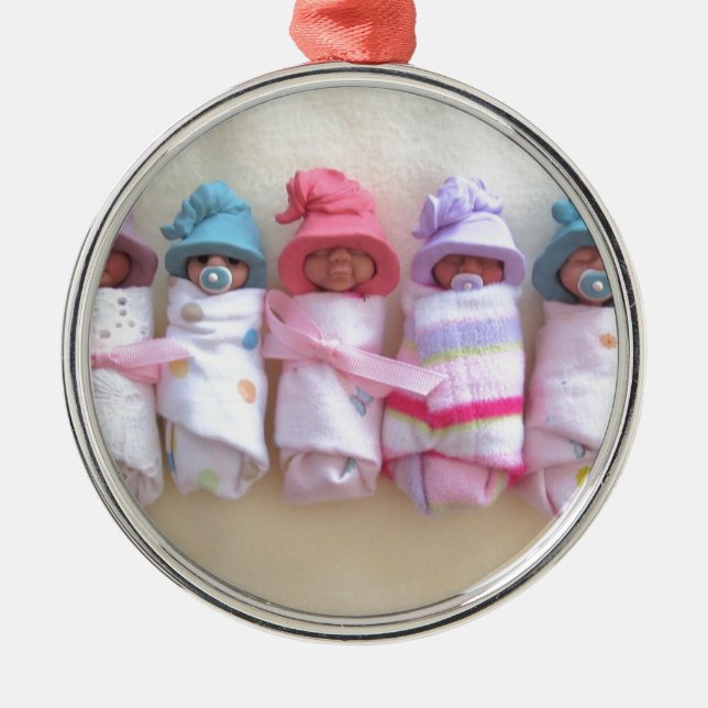 Clay Babies, Elf Hats, Sleeping, Swaddled, Cute Metal Tree Decoration (Front)