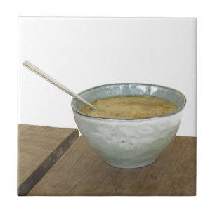 Clay Bowl Spoon Oats Porridge Table Tile