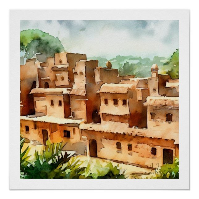 CLAY BRICK VILLAGE ANCIENT ARCHITECTURE WATERCOLOR POSTER (Front)