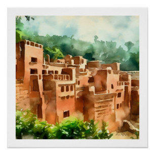 CLAY BRICK VILLAGE ANCIENT ARCHITECTURE WATERCOLOR POSTER