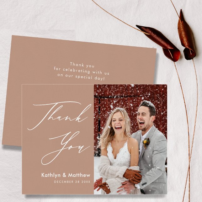 Clay Elegant Script Modern Photo Simple Wedding Thank You Card (Creator Uploaded)