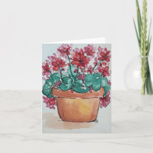 Clay pot watercolor red geraniums- folded blank Card