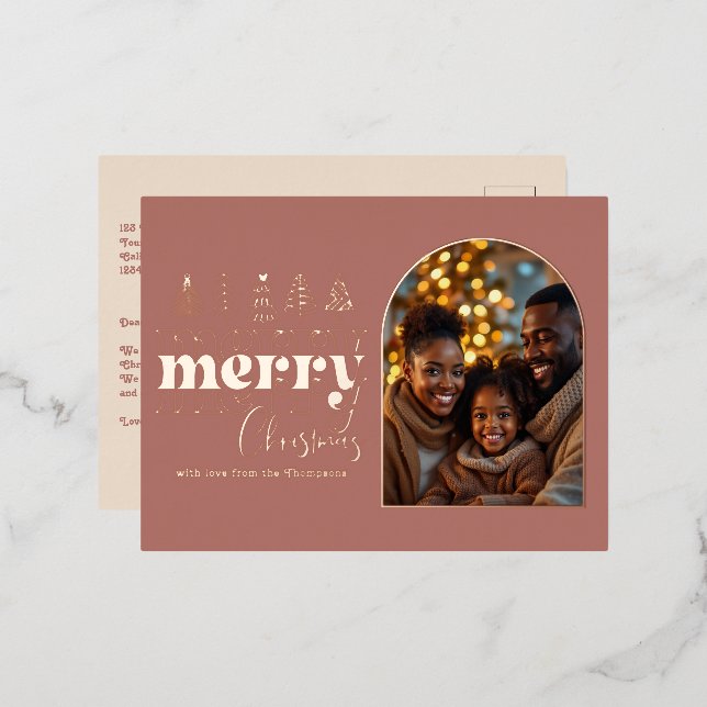Clay Rose & Latte Cream Christmas Photo Foil Holiday Postcard (Front/Back)