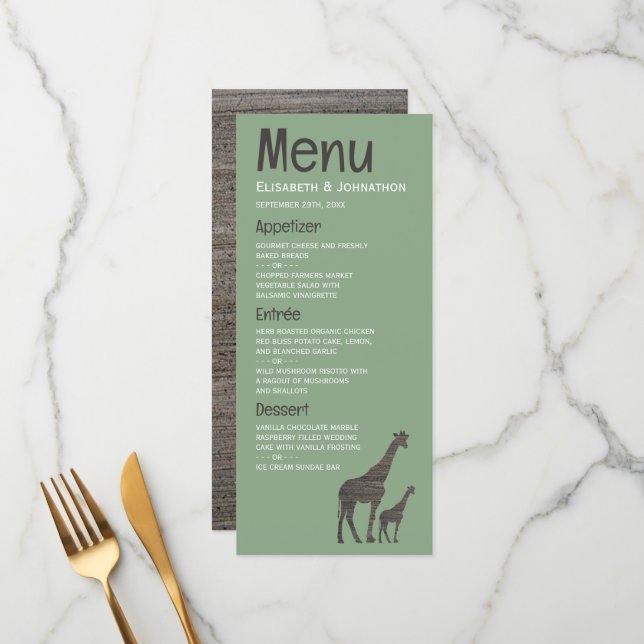 Clay Safari Giraffe, Rustic Wedding Menu (Front/Back In Situ)