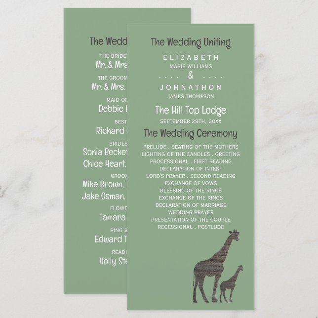 Clay Safari Giraffe, Rustic Wedding Programme (Front/Back)