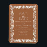 Clay Talavera Tile Spanish Fiesta Save the Date Magnet<br><div class="desc">Everyone loves a fiesta! This collection is a stunning blend of elegance and cultural heritage, inspired by the traditional Mexican Clay Talavera tile patterns. The earthy burnt orange Terracotta floral border exudes sophistication and a touch of festive charm, making it perfect for your Spanish or Mexican inspired celebration. Whether you're...</div>