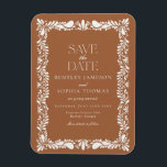 Clay Talavera Tile Spanish Fiesta Save the Date Magnet<br><div class="desc">Everyone loves a fiesta! This collection is a stunning blend of elegance and cultural heritage, inspired by the traditional Mexican Clay Talavera tile patterns. The earthy burnt orange Terracotta floral border exudes sophistication and a touch of festive charm, making it perfect for your Spanish or Mexican inspired celebration. Whether you're...</div>