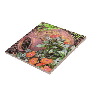 "CLAY VASE ON SIDE IN GARDEN" CERAMIC TILE/TRIVET TILE