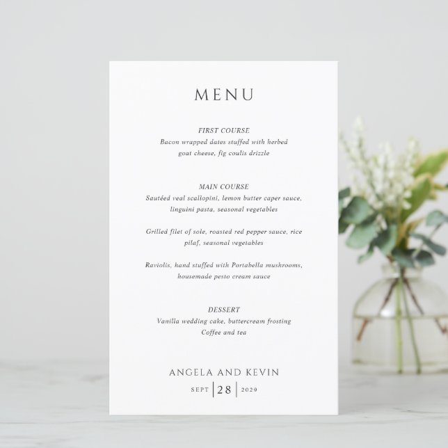 Clean Black and White Modern Wedding Menu (Standing Front)