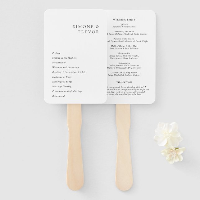 Clean Black and White Modern Wedding Program Hand Fan (Front and Back)