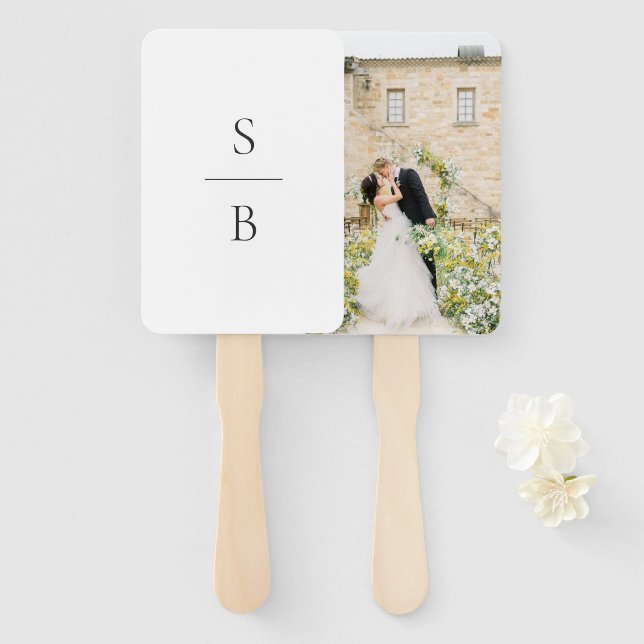 Clean Black and White Monogram Modern Wedding Hand Fan (Front and Back)
