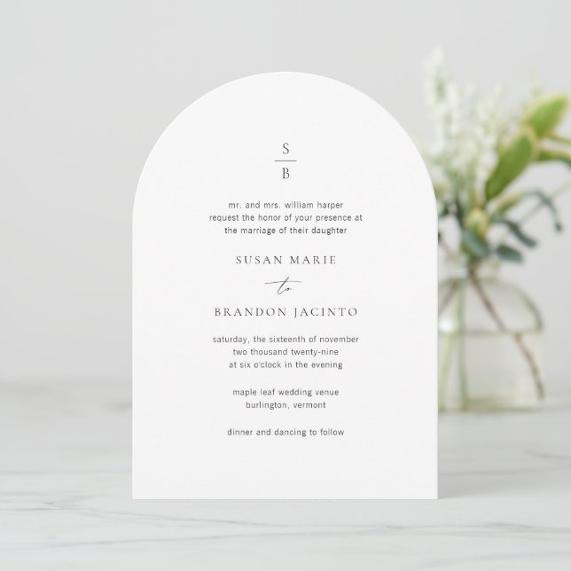 Clean Black and White Monogram Modern Wedding Invitation (Standing Front)