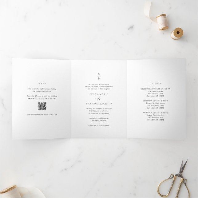 Clean Black and White Monogram Modern Wedding Tri-Fold Invitation (Inside)