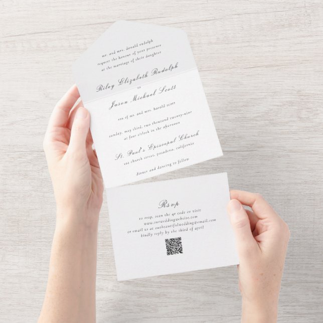 Clean Black and White QR Code Elegant Wedding All In One Invitation (Tearaway)