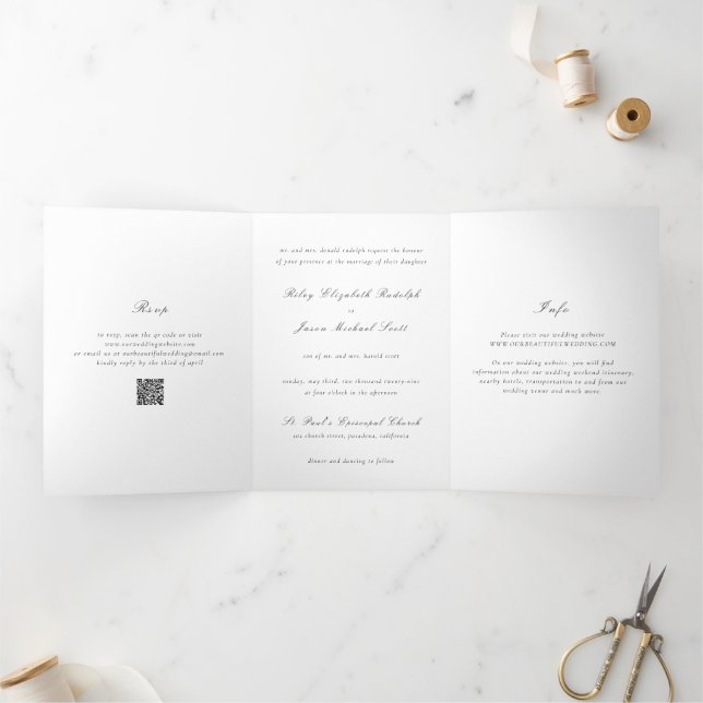 Clean Black and White QR Code Elegant Wedding Tri-Fold Invitation (Inside)