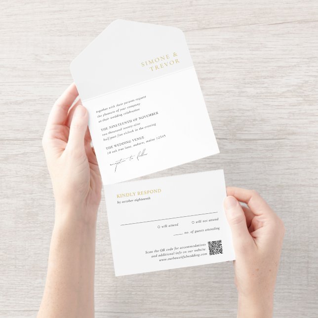 Clean Black and White QR Code Modern Wedding All In One Invitation (Tearaway)