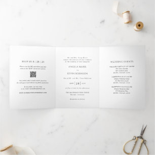 Clean Black and White QR Code Modern Wedding Tri-Fold Invitation