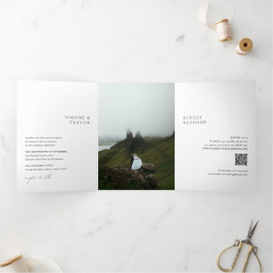 Clean Black and White QR Code Modern Wedding Tri-Fold Invitation