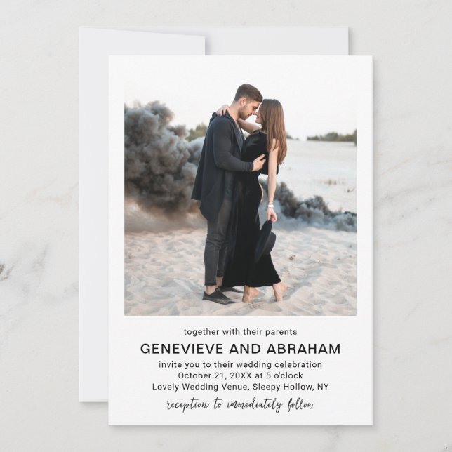 Clean Black and White QR Code Photo Modern Wedding Invitation (Front)