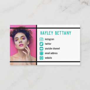 Clean Black Lines Teal Social Media Icons Photo Business Card
