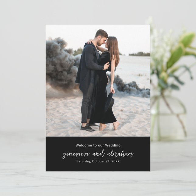 Clean Black Photo Modern Wedding Program Programme (Standing Front)