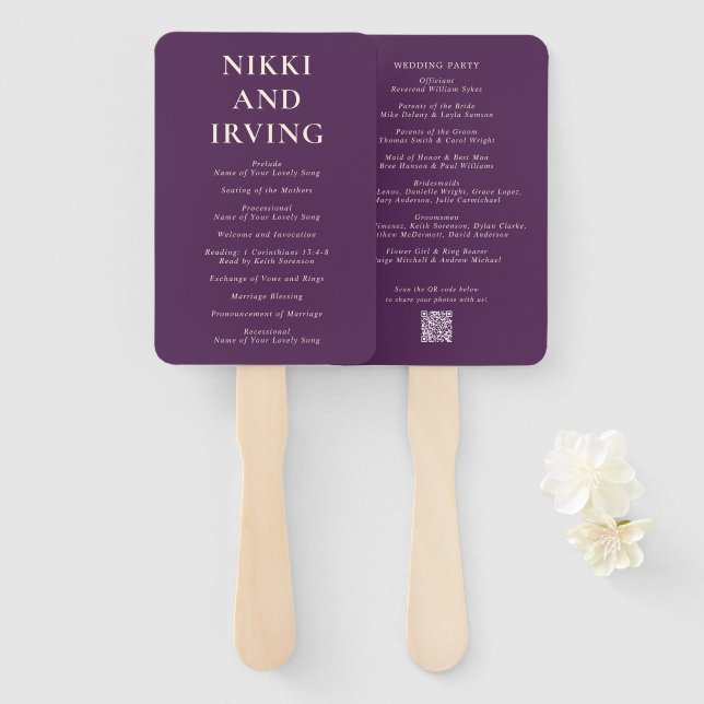 Clean Bold Fonts Purple Modern Wedding Program Hand Fan (Front and Back)
