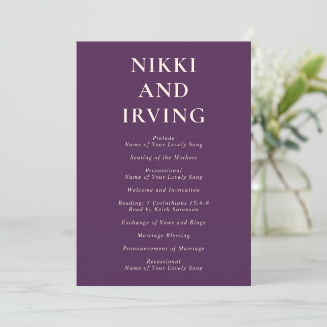 Clean Bold Fonts Purple Modern Wedding Programme (Standing Front)