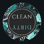 Clean/Dirty Dishwasher | Black White & Teal Round Magnet<br><div class="desc">Clean/dirty dishwasher magnet features a simple black white and teal design with a stylized medallion and modern typography on a black, white and teal floral background. A simple round clean/dirty magnet designed in a modern color scheme, suitable for any modern home's decor today, or a thoughtful small modern kitchen gift...</div>