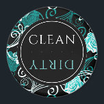 Clean/Dirty Dishwasher | Black White & Teal Round Magnet<br><div class="desc">Clean/dirty dishwasher magnet features a simple black white and teal design with a stylized medallion and modern typography on a black, white and teal floral background. A simple round clean/dirty magnet designed in a modern color scheme, suitable for any modern home's decor today, or a thoughtful small modern kitchen gift...</div>