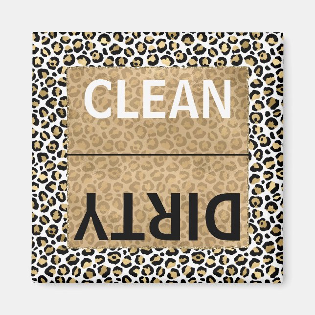 Clean/Dirty Dishwasher Gold Glam Leopard Print Magnet (Front)