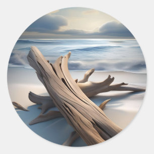 Clean driftwood on beach. classic round sticker