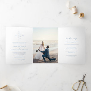 Clean Dusty Blue Botanical Photo Elegant Wedding Tri-Fold Invitation