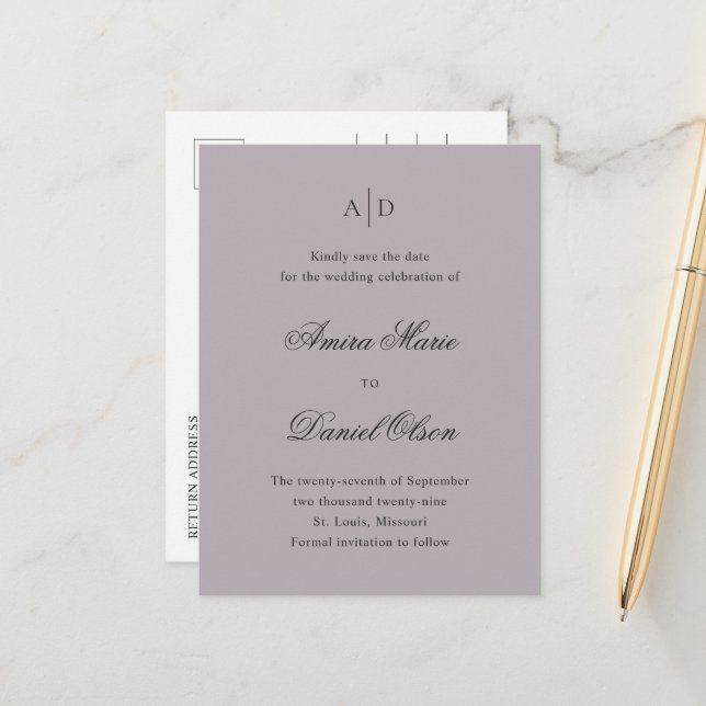 Clean Dusty Lilac Classic Wedding Save the Date Announcement Postcard (Front/Back In Situ)