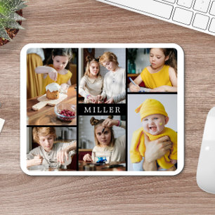 Clean Elegant Black White Family 6 Photo Collage Mouse Pad
