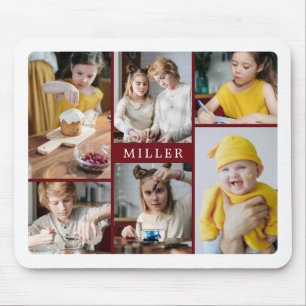 Clean Elegant Burgundy Family 6 Photo Collage Mouse Pad