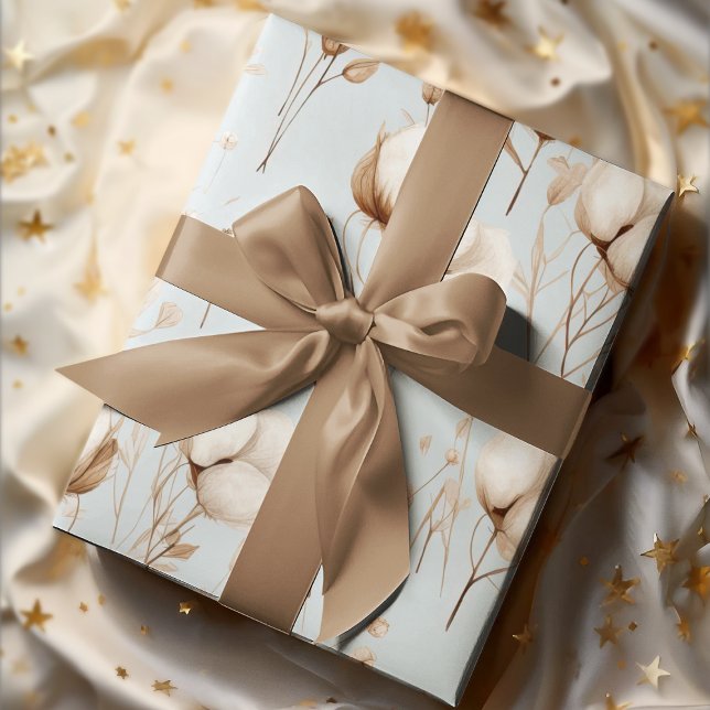 Clean Elegant Light Blue & Cream Cotton Flowers Wrapping Paper Sheet (Creator Uploaded)