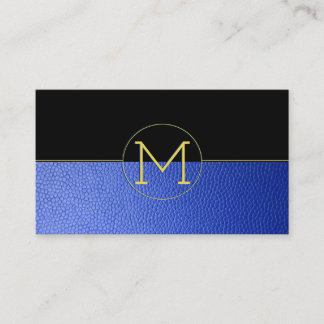 Clean Elegant Monogram Blue Faux Leather & Black Business Card