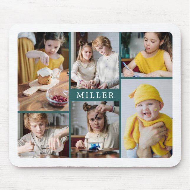 Clean Elegant Teal Family 6 Photo Collage Mouse Pad (Front)