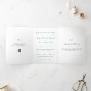 Clean Emerald Green QR Code Elegant Wedding Tri-Fold Invitation
