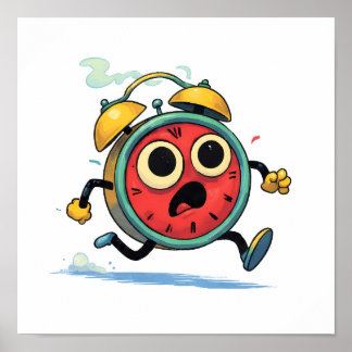Clean Flat Color Art: Retro Running Alarm Clock Poster