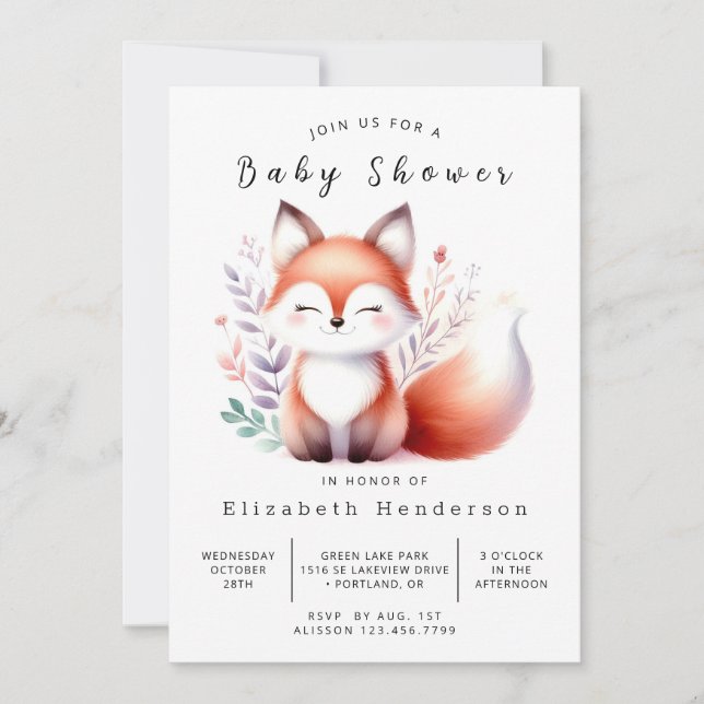 Clean Forest Scene Fox Baby Shower Invitation (Front)