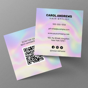 Clean Holographic Hair Stylist Appointment QR Code Square Business Card