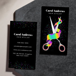Clean Holographic Ribbon & Scissors Hair Stylist  Business Card