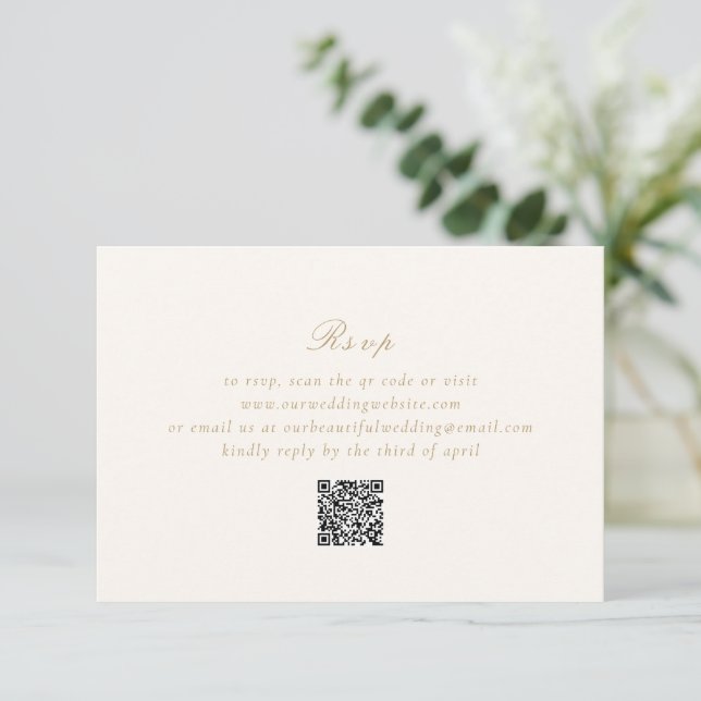 Clean Ivory and Gold QR Code Elegant Wedding RSVP Card (Standing Front)
