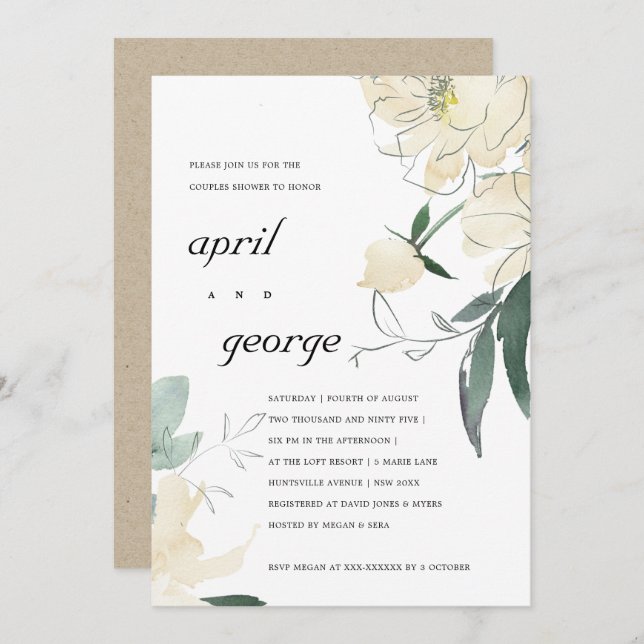 CLEAN IVORY GREEN FLORAL COUPLES SHOWER INVITE (Front/Back)