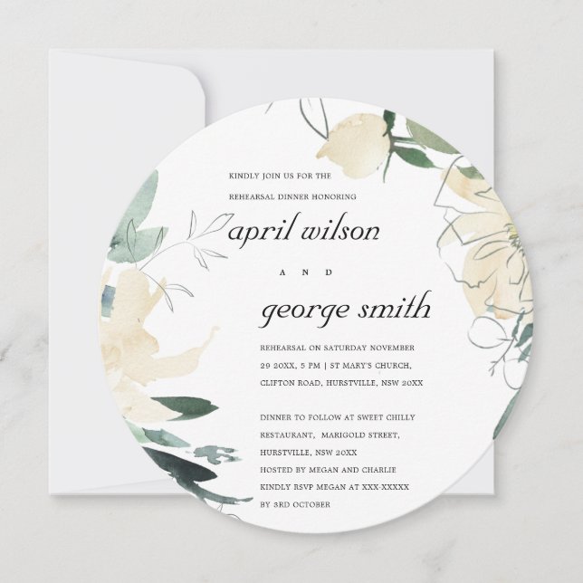 CLEAN IVORY GREEN FLORAL REHEARSAL DINNER INVITE (Front)